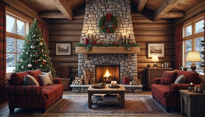 A rustic log cabin living room Christmas interior featuring a stone fireplace, plaid accents, and a beautifully decorated tree that evokes the warmth of the holiday season, Generative AI