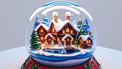 Fototapeta premium Christmas snow globe, cozy village scene, isolated on white background, watercolor style