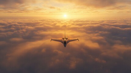 Naklejka premium Majestic Fighter Jet Above Serene Clouds at Sunrise