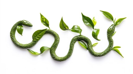 Naklejka premium Creative Arrangement of Fresh Green Tea Leaves Forming a Three-Dimensional Snake Shape, Symbolizing Nature's Beauty and the Essence of Tea Culture
