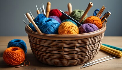 A creative yarn basket with various tools, including knitting needles and crochet hooks, showcasing the essential items for any yarn crafting enthusiast, Generative AI