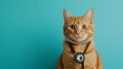 Cute Orange Cat with Stethoscope on Blue Background