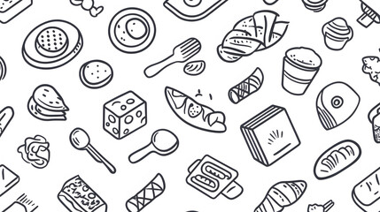 Seamless food pattern featuring icons of cake, coffee, breakfast items, cupcakes, sandwiches, desserts, chocolate, pizza, burgers, and tea in a playful, cartoon style