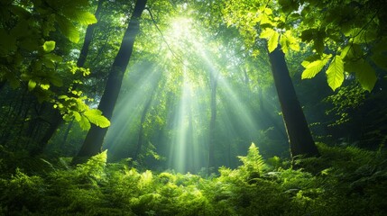 Fototapeta premium Sunlight filtering through a lush green forest canopy