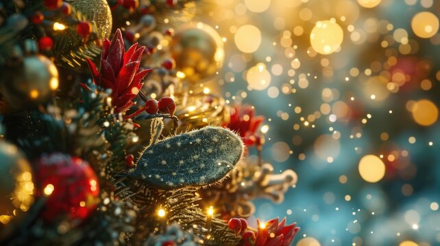 Festive christmas cactus with ornaments and sparkling lights in a winter wonderland