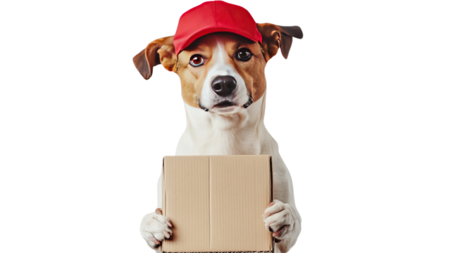 A cute dachshund in a Santa hat sitting with a Christmas gift against a white background