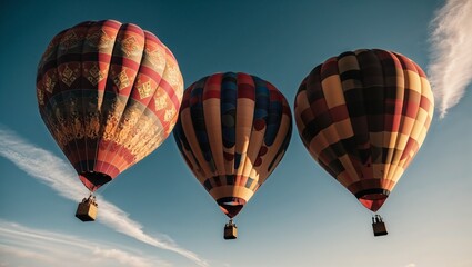 Fototapeta premium Three majestic hot air balloons soar through the clear sky.