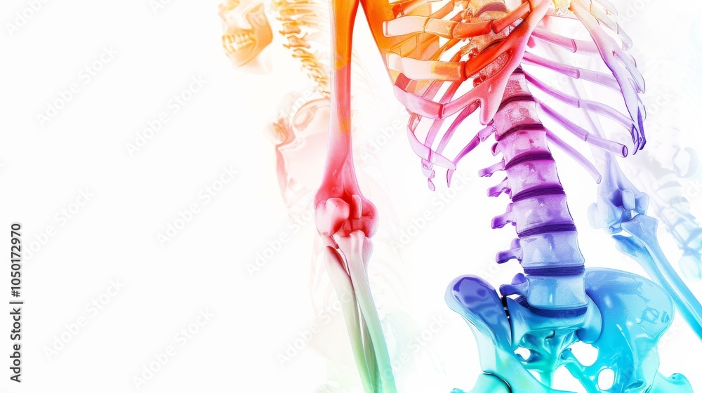 Poster an abstract depiction of the human skeletal system with joints highlighted in bright colors against 