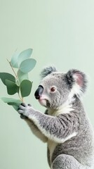 Fototapeta premium Adorable Koala Holding Eucalyptus Leaves on a Soft Green Background