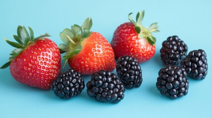 Obraz premium Assorted berries including strawberries and blackberries on blue
