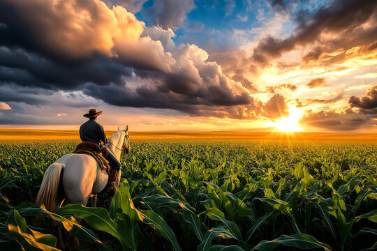 Fazendeiro a cavalo olhando a planta&ccedil;&atilde;o de milho no p&ocirc;r do sol, c&eacute;u com nuvens intensas