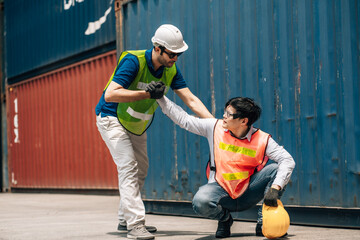 Industrial accident concept. Male worker accidents from working carrying heavy objects in...