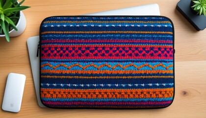 A knitted laptop sleeve featuring fun designs and vibrant colors, providing a stylish and protective accessory for tech enthusiasts, Generative AI