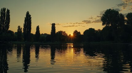 Fototapeta premium Serene Sunset Over Park Lake View