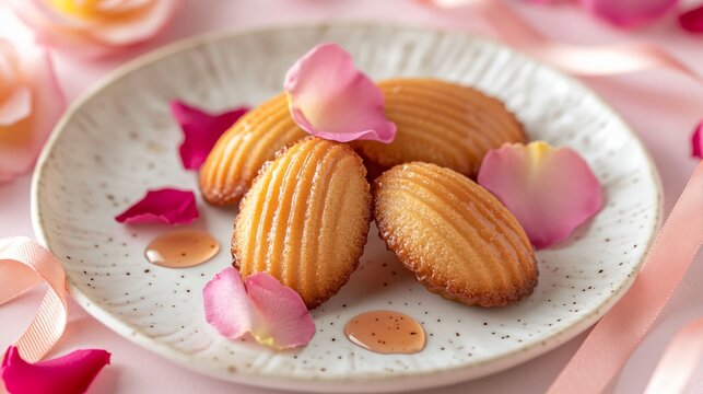 Rose-flavored madeleines, isolated on a white ceramic plate, surrounded by rose petals, a drizzle of rosewater syrup, and a soft pink ribbon