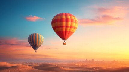 Fototapeta premium Colorful hot air balloons soaring over a desert landscape at sunset