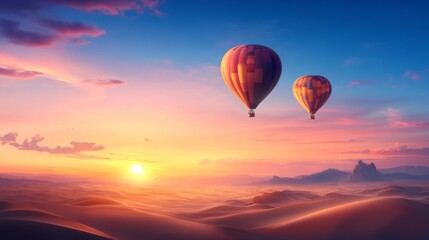 Obraz premium Hot air balloons soaring over a vibrant desert sunset