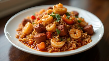 Spicy jambalaya with shrimp sausage bell peppers in Cajun sauce