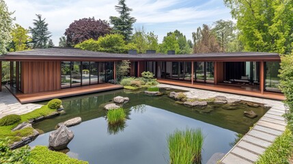 Obraz premium Modern House with Serene Garden and Water Feature