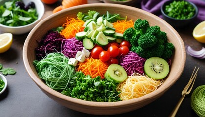 A vibrant yarn salad bowl featuring various yarn greens and toppings, promoting the idea of healthy eating while showcasing the art of crafting, Generative AI
