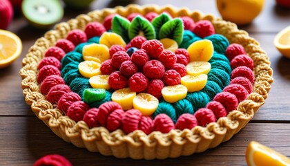 A charming yarn fruit tart featuring a vibrant yarn crust and colorful yarn fruits, promoting the joy of crafting in a deliciously artistic way, Generative AI