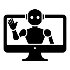 デスクトップパソコンのモニターから出てくる人工知能ロボットのシルエットイラスト　透過背景の切り抜き