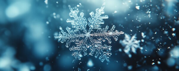 Fototapeta premium Delicate snowflakes sparkle as they settle softly on a frosty surface, showcasing winter's beauty