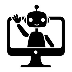 デスクトップパソコンのモニターから出てくる人工知能ロボットのシルエットイラスト　透過背景の切り抜き