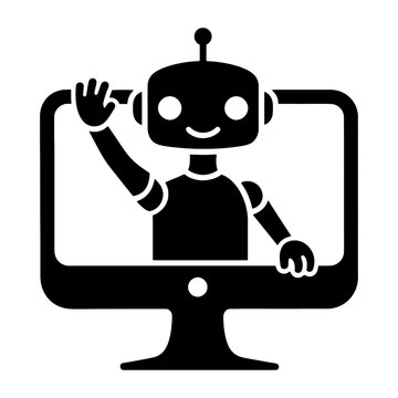 recommend clip art: デスクトップパソコンのモニターから出てくる人工知能ロボットのシルエットイラスト　透過背景の切り抜き