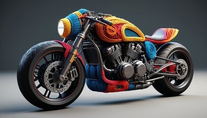 A delightful yarn racing motorcycle with intricate stitching and vibrant colors, showcasing the excitement of speed and the art of crafting, Generative AI