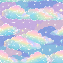Obraz premium Pastel clouds with bright colors under a night sky with shining stars, seamless design