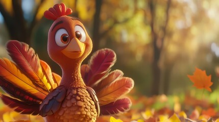 Cute Cartoon Turkey Among Autumn Leaves