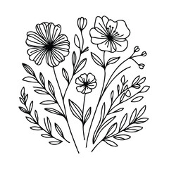 Adobe Illustrator Artwork
outline black and white line art, lineart, doodle flower. set of contour floral of cosmos, Chamomile, daisies, grasses, stems, herbs, leaves decorative elements