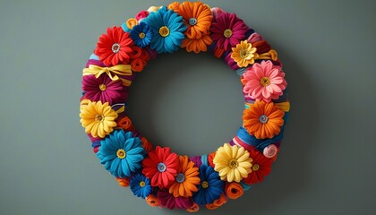 An artistic yarn wreath decorated with vibrant yarn flowers and festive ribbons, perfect for welcoming guests during the holiday season, Generative AI