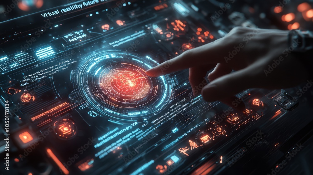 Poster someone is using a touch screen to scan a circuit board with colorful background