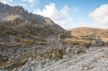 Autumn view of the Mount Pshekhu-Su with huge boulders on its slopes, Russian Federation