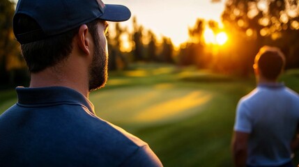 Fototapeta premium Two golfers enjoy the sunset on the golf course.