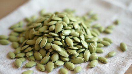 Obraz premium Fresh pumpkin seeds on linen cloth natural and textured