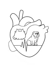 Obraz premium chubby cat and dog love symbol inside the heart. heartbeat, emphasizing the theme of animals love.