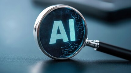 Minimalist AI symbol with a magnifying glass, emphasizing search in neutral tones, no human elements.