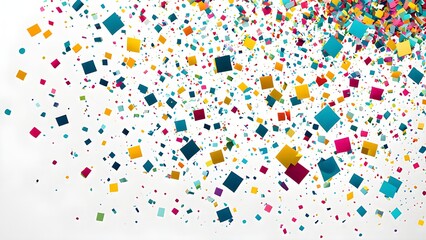 Obraz premium abstract New Year’s Eve confetti explosion, with minimalist colored squares and circles falling through an empty white background