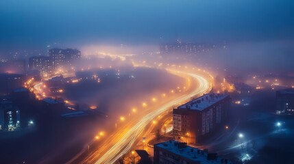 "Misty Cityscape at Dusk with Illuminated Traffic Flowing"