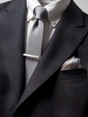 tuxedo suit structured blazer  design sits neatly across the tie. professional feel. business man