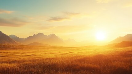 Fototapeta premium The sun rising behind distant mountains, casting a golden hue over the grassy plains in the foreground, with the sky slowly transitioning from night to day