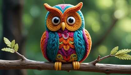 A whimsical yarn owl perched on a branch, featuring intricate patterns and vibrant colors, adding a wise touch to decor, Generative AI