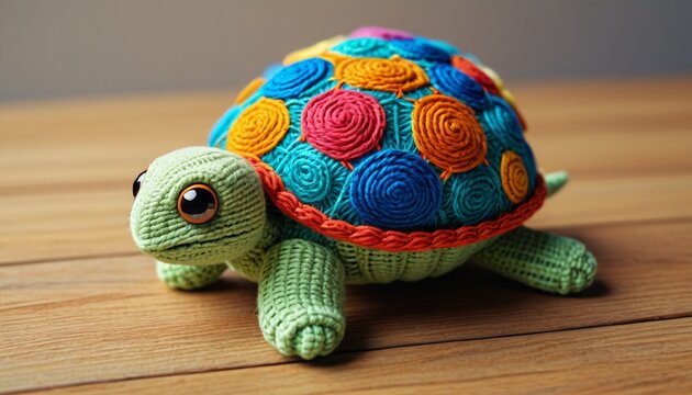 A cute yarn turtle with a textured shell and bright colors, perfect for adding a touch of whimsy to children's decor, Generative AI
