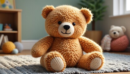 Obraz premium A fluffy knitted bear with a warm smile and cozy texture, providing comfort and charm in any nursery or playroom, Generative AI