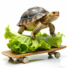 A determined turtle attempts to skateboard down a ramp made of colorful veggies.