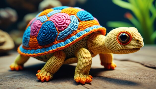 A cute yarn turtle with a patterned shell and bright colors, perfect for enhancing the decor of aquariums or children's play areas, Generative AI