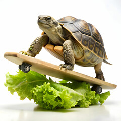 A determined turtle attempts to skateboard down a ramp made of colorful veggies.